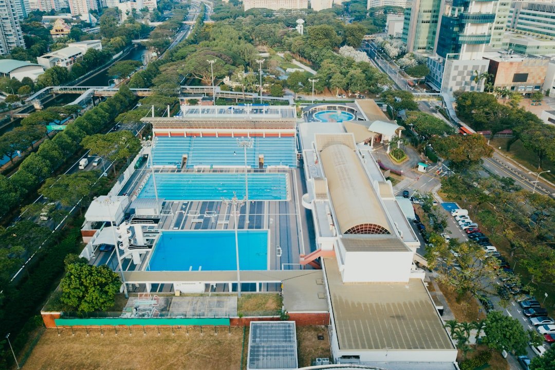 Professional pool technician performing maintenance on a sparkling blue swimming pool